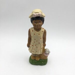 Vintage Hand-Painted Ceramic Figurine Of Girl In Polka Dot Dress With Hat & Lamb